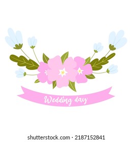 Floral illustration, pink and blue flowers isolated on a white background. Design for Wedding day, save the date.