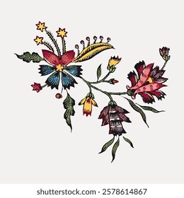 Floral illustration with red, blue, and yellow flowers. Detailed floral design with intricate leaves and petals. Artistic floral pattern on a light background. Vintage flower illustration, vector.