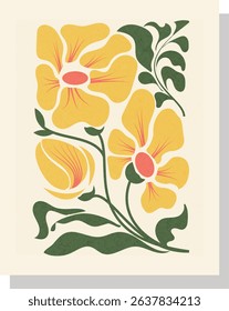 Floral illustration with stylized yellow blooms and green foliage on a cream background. Features bold petals and flowing stems in vintage poster style. Perfect for spring decor, invitations or garden