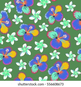 Floral illustration for t-shirt print, seamless pattern vector illustration on green background. Aloha typography with hibiscus pattern.