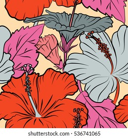 Floral illustration for t-shirt print, vector illustration on beige background. Aloha typography with multicolored hibiscus pattern.