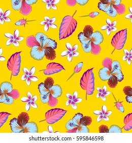 Floral illustration for t-shirt print, vector illustration on yellow background. Aloha typography with hibiscus pattern.