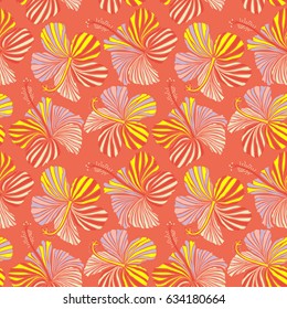 Floral illustration for t-shirt print, vector illustration on orange background. Aloha typography with hibiscus pattern.