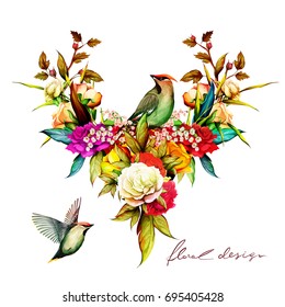 Floral illustration with two birds. Roses with tropical leaves and branch. Hand drawn, vector - stock.