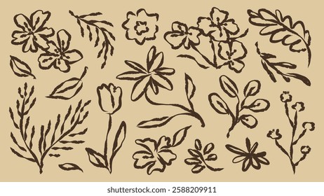 Floral illustration with various flowers and leaves. Flowers and leaves in black on beige. Simple floral design with leaves and flowers. Botanical floral art. Hand drawn botanical vector set.
