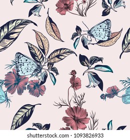 Floral illustration with vector hand drawn flowers and cosmos flowers