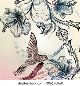 Floral illustration in vintage style with hummingbird and hibiscus flowers