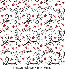 Floral illustration in white background. Swirl wave floral and red flower seamless pattern design. Printable paper and fabric design in vector
