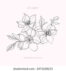 Floral illustration of wild rose branch, rough sketch art style. Botanical logo design or modern print wall art