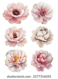 floral illustrations featuring  delicate, pastel colored flowers with intricate petal details. Perfect for design projects, invitations, and decor, these elegant blooms add a touch of natures beauty.