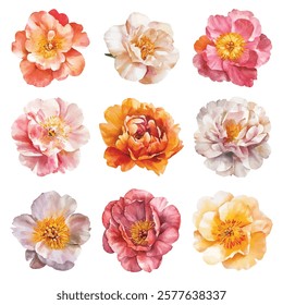 floral illustrations featuring  delicate, pastel colored flowers with intricate petal details. Perfect for design projects, invitations, and decor, these elegant blooms add a touch of natures beauty.