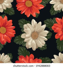 Floral illustrations. seamless pattern. Red and white flowers on a dark background