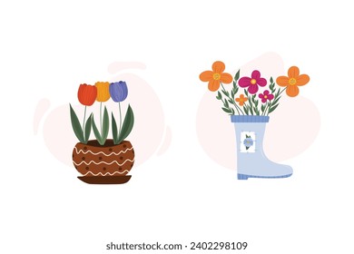 Floral illustrations set  - flowers in garden boot and flowers in pot, with pink spot, on  isolated background. For invitations, prints, logos.