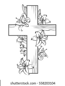 Blumenbild mit Kreuz und blühenden weißen Lilien, christliches Symbol. Vektorgrafik