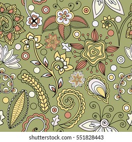 Floral and indian elements on green background, vector. Seamless pattern with flowers and branches. Endless floral pattern, hand-drawn. All elements are not cropped and hidden under mask 