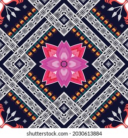 Floral Indian ethnic pattern. Aztec fabric carpet mandala ornament boho chevron textile decoration. Tribal ikat turkey oriental traditional embroidery African American vector illustrations background.