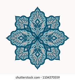 Floral indian mandala with paisley pattern vector. Eastern flower medallion ethnic ornament with arabesque. Vintage folk design element for cosmetic label, yoga studio logo, chistmas snowflake.