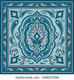 Floral indian paisley pattern vector border. Vintage flower ethnic ornament for scarf bandana print fabric. Oriental folk design for boho carpet textile, woman silk shawl, rug, medallion, pillow case.