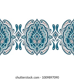 Floral indian paisley pattern vector seamless border. Vintage flower ethnic ornament. Oriental folk design for wedding card, persian rug, gypsy embroidery clothing, bedroom textile lace, medallion.