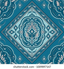Floral indian paisley pattern vector seamless border. Vintage flower ethnic ornament scarf bandana print fabric. Oriental folk design for persian rug, boho bedroom textile, blanket, pillow, duvet.