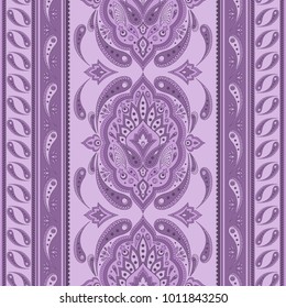 Floral indian paisley pattern vector seamless border. Vintage flower ethnic ornament for scarf bandana print fabric. Oriental folk design for gypsy blanket, bohemian bedroom textile, boho clothing.