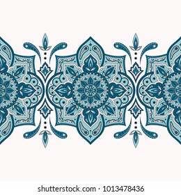 Floral indian paisley pattern vector seamless border. Vintage flower ethnic ornament for sari fabric. Oriental folk design for medallion, india luxury wedding, gypsy clothing, yoga wallpaper.