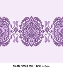 Floral indian paisley pattern vector seamless border. Vintage flower ethnic ornament. Oriental folk design for indian luxury wedding, persian rug, gypsy clothing, bedroom textile lace, medallion.