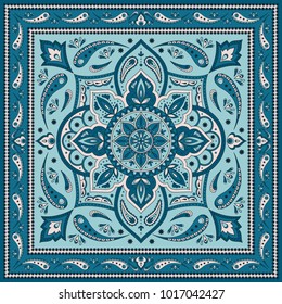 Floral indian paisley pattern vector border. Vintage flower ethnic ornament for scarf bandana print fabric. Oriental folk design for silk shawl, persian rug, gypsy carpet textile, boho medallion.