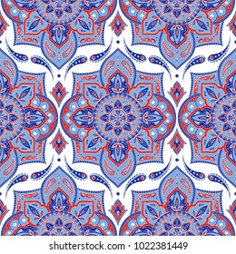 Floral indian paisley pattern vector seamless. Vintage flower ethnic ornament for indonesia batik sarong cotton fabric. Oriental folk design for boho bedroom textile, yoga clothing, silk scarf print.