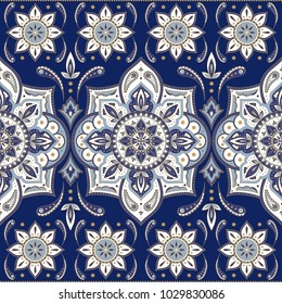 Floral indian paisley pattern vector seamless. Vintage flower ethnic ornament for silk scarf bandana print fabric. Oriental folk design for boho bedroom textile, yoga clothing, india luxury wedding.