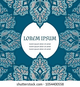 Floral indian paisley pattern vector frame. Antique vintage flower ethnic ornament design for india luxury wedding, ramadan greeting, moroccan spa, save the date, bridal shower, anniversary, holiday.