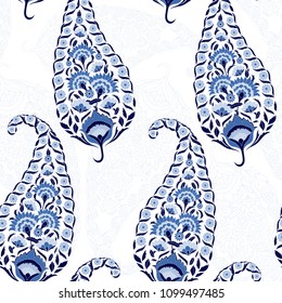 Floral indian paisley pattern vector seamless. Vintage flower ethnic ornament for silk woman clothing fabric. Oriental folk design for bohemian bedroom textile, curtain, wallpaper, pillow, bedlinen.