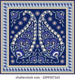 Floral indian paisley pattern vector seamless border. Vintage flower ethnic ornament for silk scarf bandana print fabric. Oriental folk design for classic bedroom textile, boho pillow, yoga wallpaper.