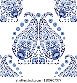 Floral indian paisley pattern vector seamless. Vintage flower ethnic ornament for silk woman clothing fabric. Oriental folk design for boho bedroom textile, yoga wallpaper, india luxury wedding.
