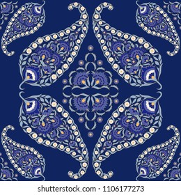 Floral indian paisley pattern vector seamless. Vintage flower ethnic ornament for silk scarf bandana print fabric. Oriental design for classic bedroom textile, yoga wallpaper, india luxury wedding.