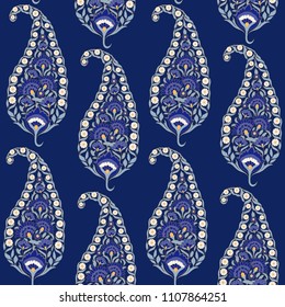 Floral indian paisley pattern vector seamless. Vintage flower ethnic ornament for indonesia batik sarong fabric. Oriental design for damask bedroom textile, yoga wallpaper, turkish luxury wedding.