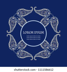 Floral indian paisley pattern vector frame card template. Paisley oriental ethnic ornament design for luxury wedding invite card, eid mubarak greeting, moroccan spa, save the date, bridal shower. 
