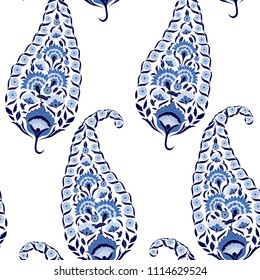 Floral indian paisley pattern vector seamless. Vintage flower ethnic ornament for indonesia batik sarong fabric. Oriental folk design for classic bedroom textile, bohemian curtain, yoga wallpaper.