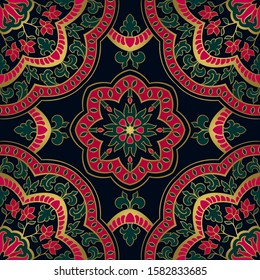 Floral indian pattern with mandala. Dark Vector beautiful background. Color template for textile, carpet, shawl.