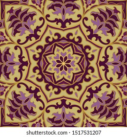 Floral indian pattern with mandala. Lilac and beige Vector beautiful background. Color template for textile, carpet, shawl.