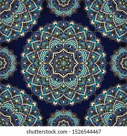 Floral indian pattern with mandala. Vector beautiful background. Blue template for textile, carpet, shawl.