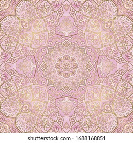 Floral indian pattern with mandala. Vector beautiful background. Pink template for textile, carpet, shawl.