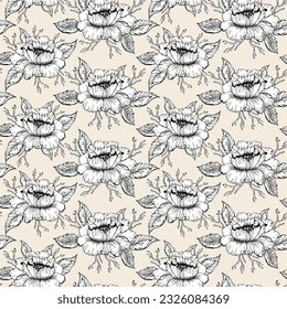 Floral ink hand drawn design. Chines peon with leaves seamless pattern for textile