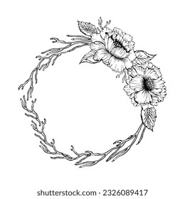 Floral ink hand drawn design. Chines peon with leaves for card or invite
