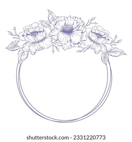 Floral ink hand drawn design. Chines peon with leaves for card or invite