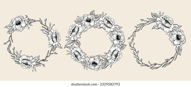 Floral ink hand drawn wreath set for design. Chines peon wreath set with leaves for card or invite