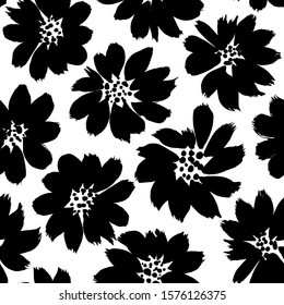 Floral ink pen vector seamless pattern. Japanese black abstract flowers texture. Monochrome spring blooming decorative background. Botanical hand drawn textile print, wallpaper, wrapping design idea