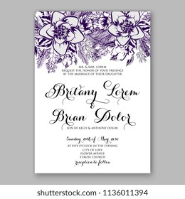 Floral ink violet wedding invitation vector printable card template Bridal shower bouquet flower marriage ceremony wording text