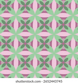 Padrão geométrico sem emenda inspirado floral em tons de verde suave e lilás combina simetria natural com aparência abstrata moderna. Adequado para tecido, papel de embrulho, fundo ou papel de parede.