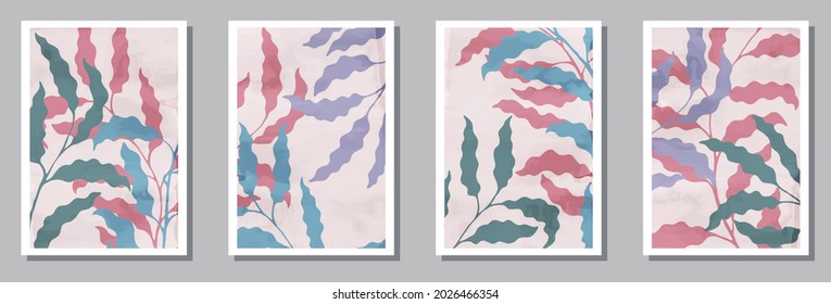 Floral interior posters collection. Summer branches with leaves. Summer twigs organic botanical patterns. Eucalyptus plant frames. Leaves vector illustration. vector design..